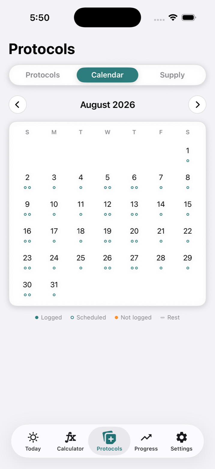 Aion's schedule calendar showing a full month of scheduled doses across August — daily BPC-157 and twice-weekly TB-500 alongside a weekly tirzepatide titration